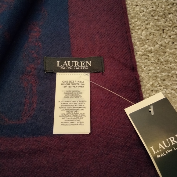 NWT Ralph Lauren Horse Bit Logo Navy and Wine Wide Scarf Wrap - Picture 4 of 7